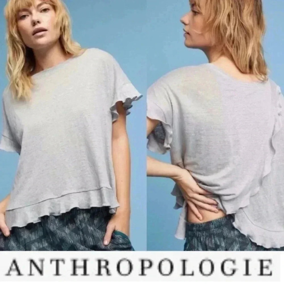 NWT Anthropologie eri + Ali ruffle back top split back medium petite gray linen - Picture 1 of 15